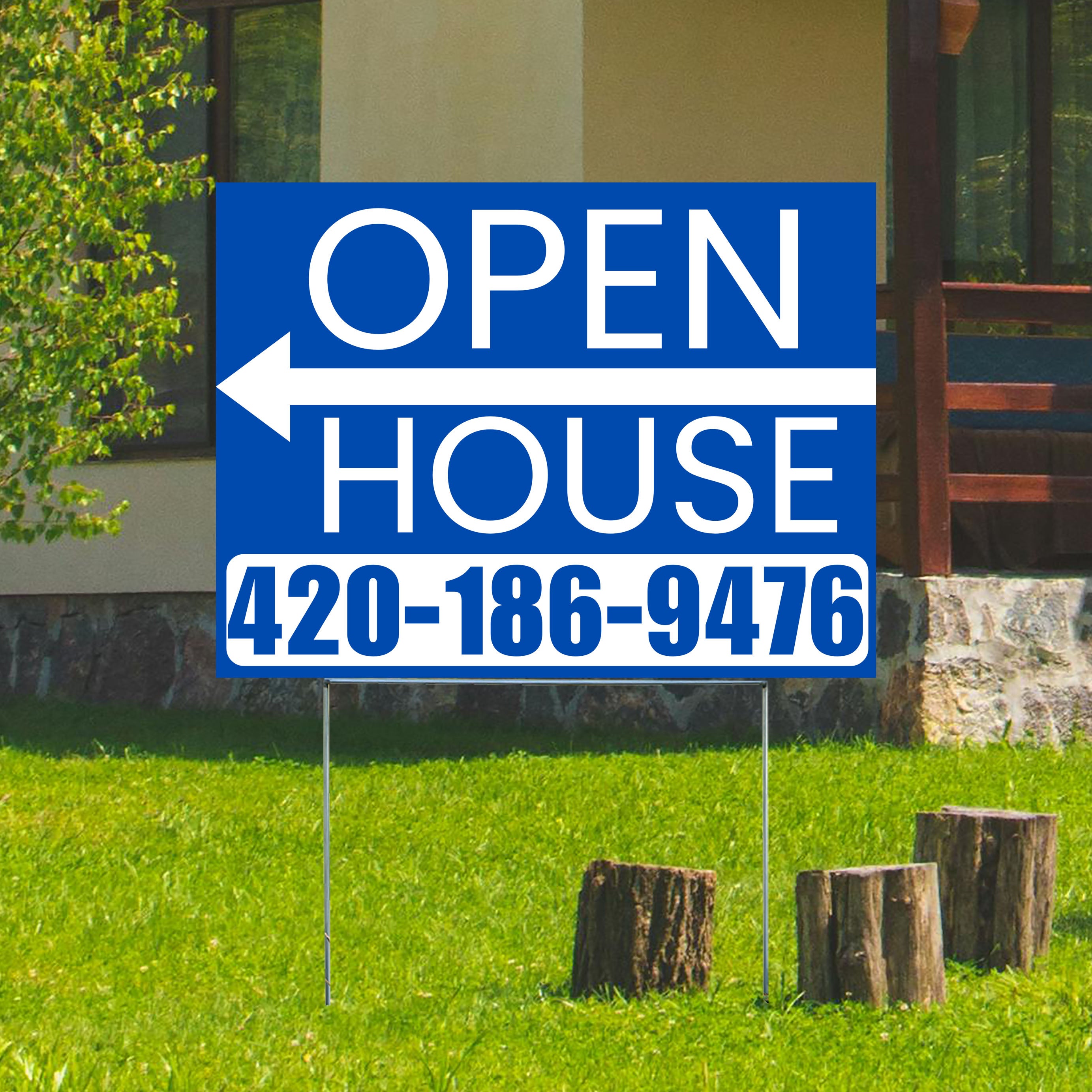 Real Estate - Open House - Plain Blue White - Left Arrow Design - YardSigns.com