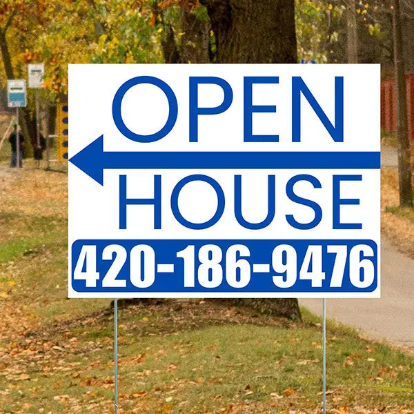 Real Estate - Open House - Plain White Blue - Left Arrow Design YardSigns.com