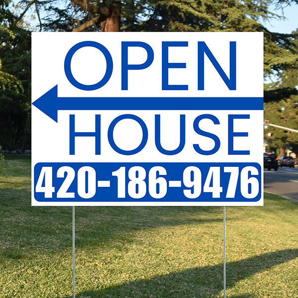 Real Estate - Open House - Plain White Blue - Left Arrow Design - YardSigns.com