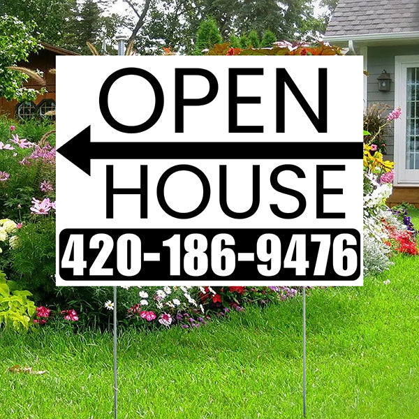 Real Estate - Open House - Plain White Black - Left Arrow Design - YardSigns.com