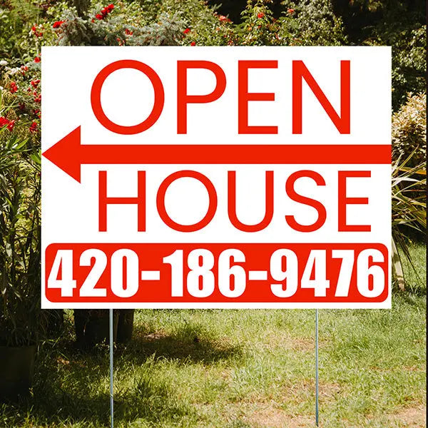 Real Estate - Open House - Plain White Chili Red - Left Arrow Design YardSigns.com