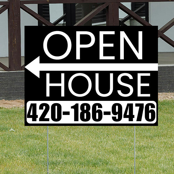 Real Estate - Open House - Plain Black White - Left Arrow Design - YardSigns.com