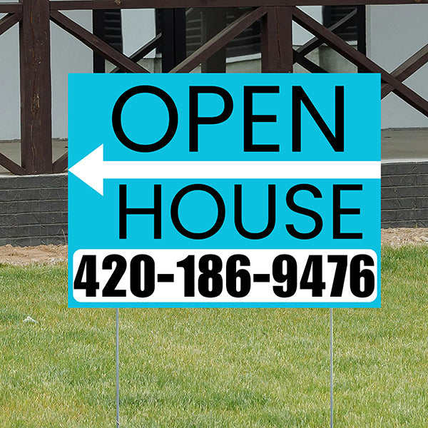 Real Estate - Open House - Plain Aqua Blue White - Left Arrow Design - YardSigns.com