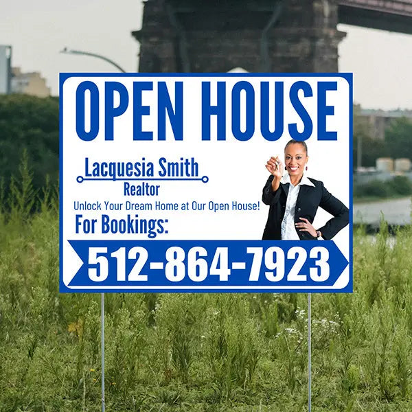 Real Estate - Open House - Plain Realtor White Blue Design YardSigns.com