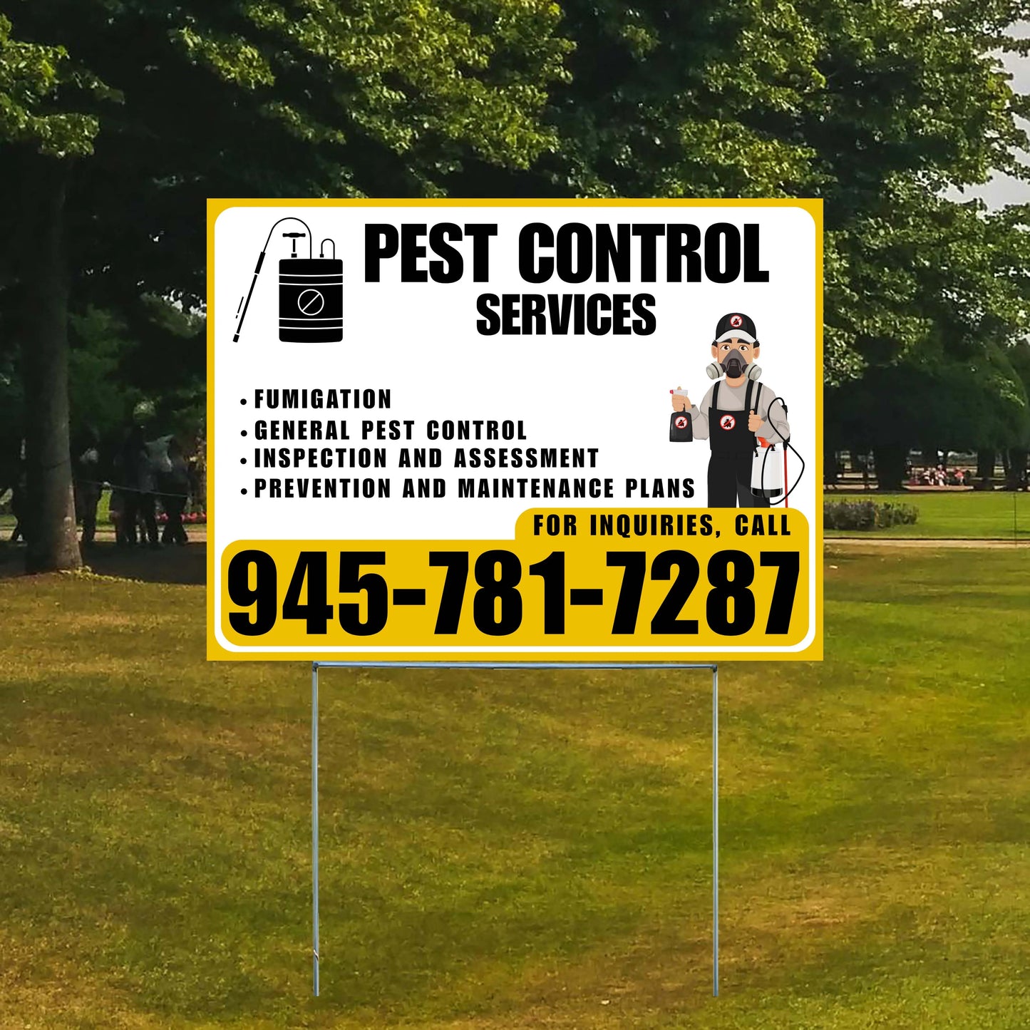 Pest Control Services - Fumigation, General Pest Control, Inspection and Assessment, Prevention and Maintenance Plans - Plain Mustard Gold White Design - YardSigns.com