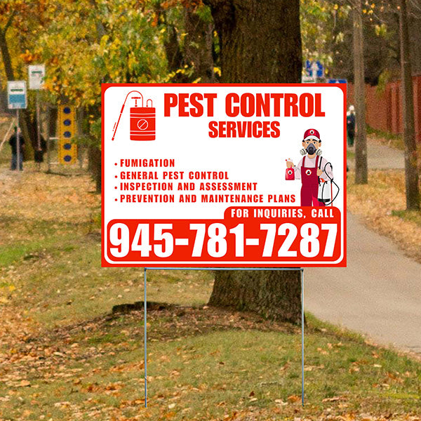 Pest Control Services - Fumigation, General Pest Control, Inspection and Assessment, Prevention and Maintenance Plans - Plain Chili Red White Design - YardSigns.com