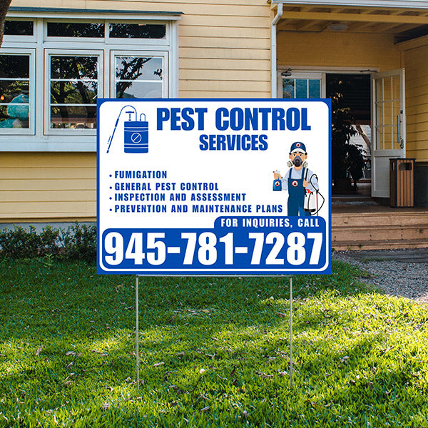 Pest Control Services - Fumigation, General Pest Control, Inspection and Assessment, Prevention and Maintenance Plans - Plain Blue White Design - YardSigns.com