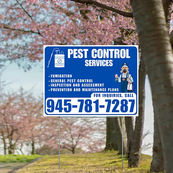 Pest Control Services - Fumigation, General Pest Control, Inspection and Assessment, Prevention and Maintenance Plans - Plain White Blue Design - YardSigns.com