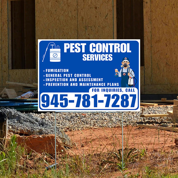 Pest Control Services - Fumigation, General Pest Control, Inspection and Assessment, Prevention and Maintenance Plans - Plain White Blue Design - YardSigns.com