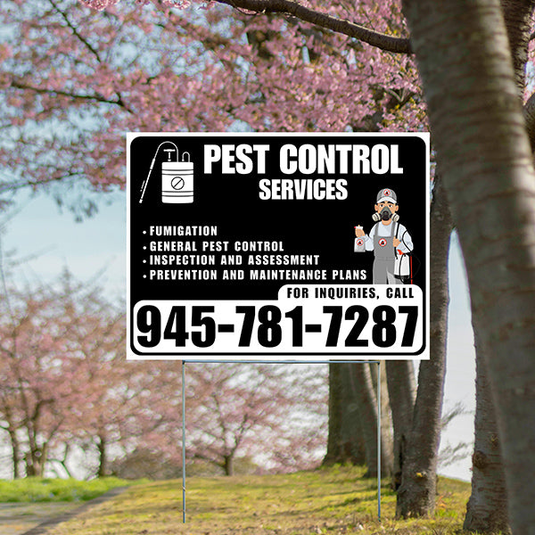 Pest Control Services - Fumigation, General Pest Control, Inspection and Assessment, Prevention and Maintenance Plans - Plain White Black Design - YardSigns.com