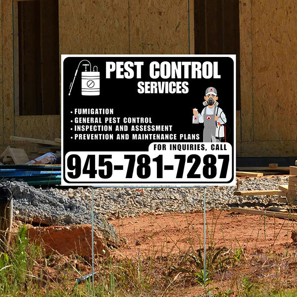 Pest Control Services - Fumigation, General Pest Control, Inspection and Assessment, Prevention and Maintenance Plans - Plain White Black Design - YardSigns.com