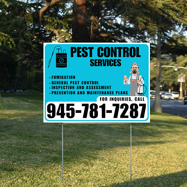 Pest Control Services - Fumigation, General Pest Control, Inspection and Assessment, Prevention and Maintenance Plans - Plain White Aqua Blue Design - YardSigns.com