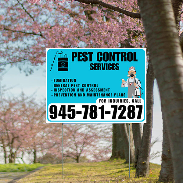 Pest Control Services - Fumigation, General Pest Control, Inspection and Assessment, Prevention and Maintenance Plans - Plain White Aqua Blue Design - YardSigns.com