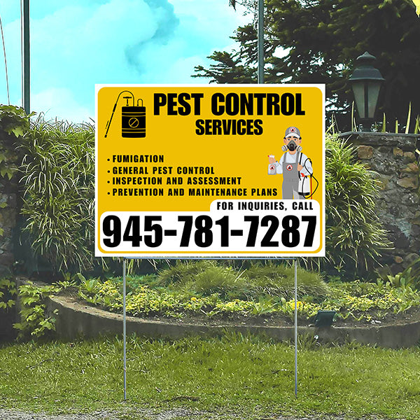 Pest Control Services - Fumigation, General Pest Control, Inspection and Assessment, Prevention and Maintenance Plans - Plain White Mustard Gold Design - YardSigns.com