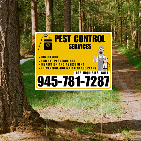 Pest Control Services - Fumigation, General Pest Control, Inspection and Assessment, Prevention and Maintenance Plans - Plain White Mustard Gold Design - YardSigns.com