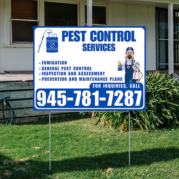 Pest Control Services - Fumigation, General Pest Control, Inspection and Assessment, Prevention and Maintenance Plans - Plain Blue White Design - YardSigns.com