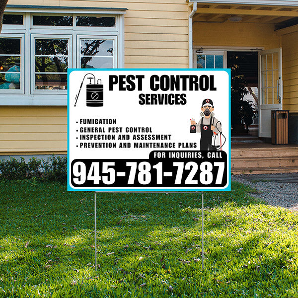 Pest Control Services - Fumigation, General Pest Control, Inspection and Assessment, Prevention and Maintenance Plans - Plain Aqua Blue White Design - YardSigns.com