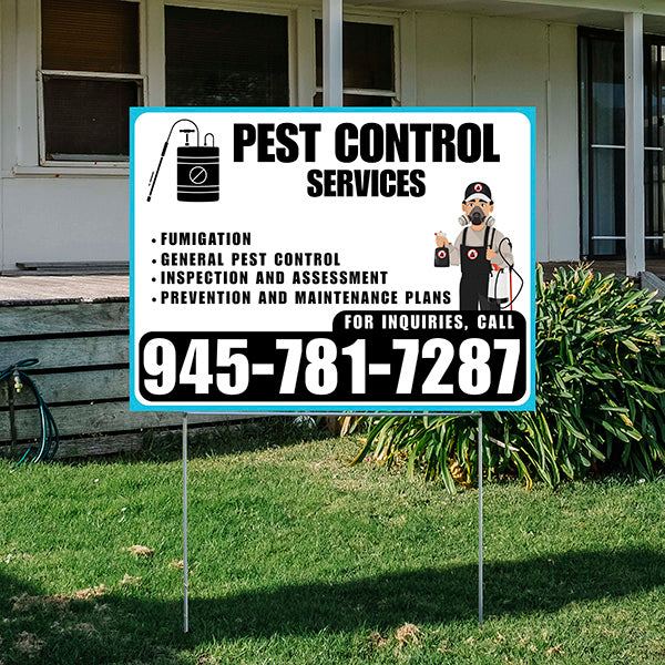 Pest Control Services - Fumigation, General Pest Control, Inspection and Assessment, Prevention and Maintenance Plans - Plain Aqua Blue White Design - YardSigns.com