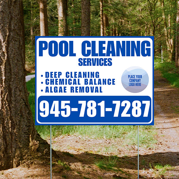 Pool Cleaners - Deep Cleaning Chemical balance Algae Removal with Logo - Blue White Design - YardSigns.com