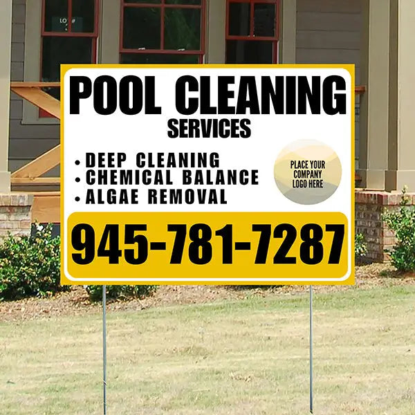 Pool Cleaners - Deep Cleaning Chemical balance Algae Removal with Logo - Mustard Gold White Design YardSigns.com