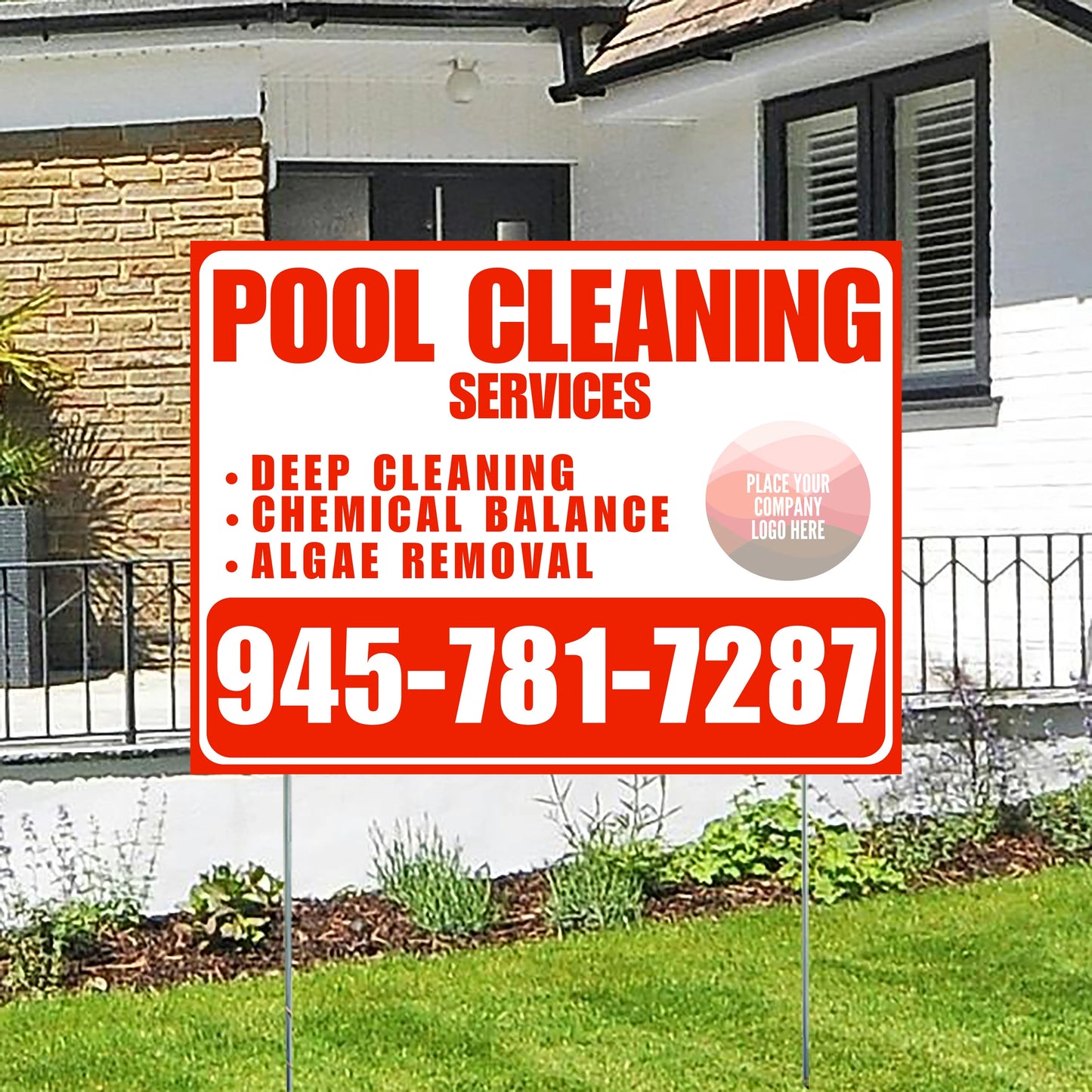 Pool Cleaners - Deep Cleaning Chemical balance Algae Removal with Logo - Chili Red White Design YardSigns.com