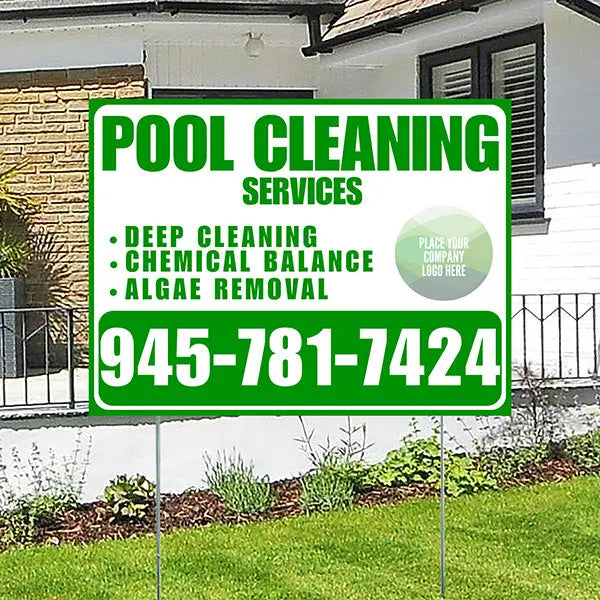 Pool Cleaners - Deep Cleaning Chemical balance Algae Removal with Logo - Green White Design YardSigns.com