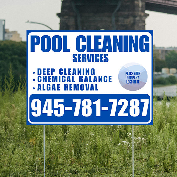 Pool Cleaners - Deep Cleaning Chemical balance Algae Removal with Logo - Blue White Design - YardSigns.com