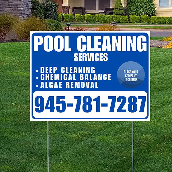 Pool Cleaners - Deep Cleaning Chemical balance Algae Removal with Logo - White Blue Design YardSigns.com