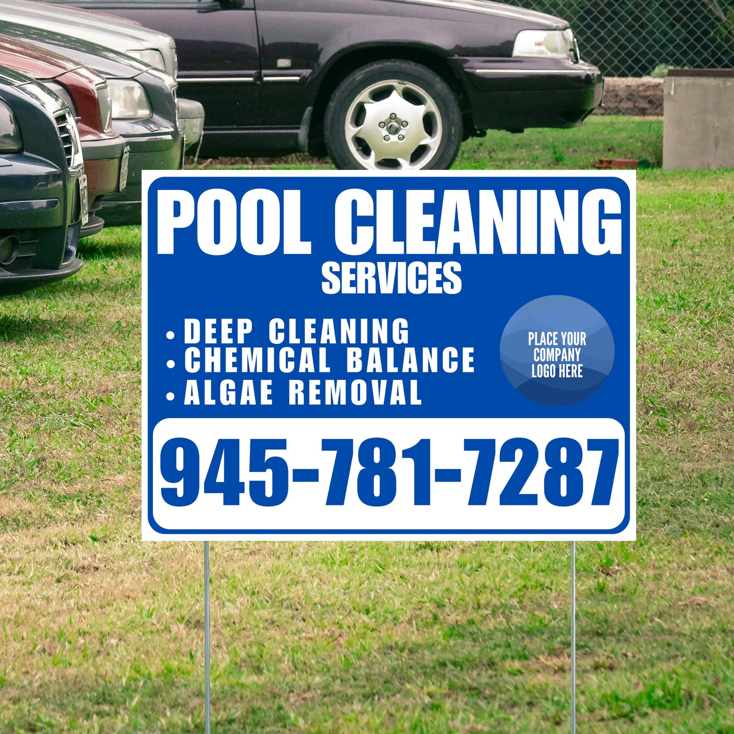 Pool Cleaners - Deep Cleaning Chemical balance Algae Removal with Logo - White Blue Design YardSigns.com