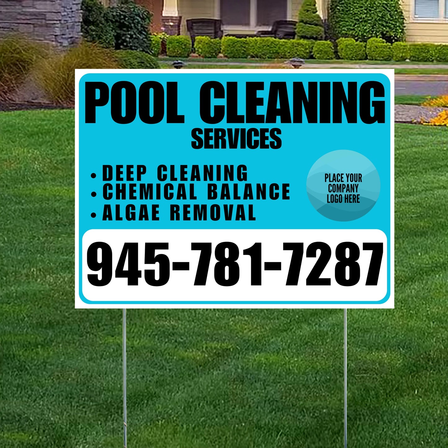 Pool Cleaners - Deep Cleaning Chemical balance Algae Removal with Logo - White Aqua Blue Design YardSigns.com