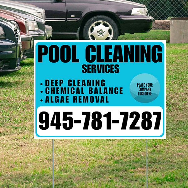 Pool Cleaners - Deep Cleaning Chemical balance Algae Removal with Logo - White Aqua Blue Design - YardSigns.com