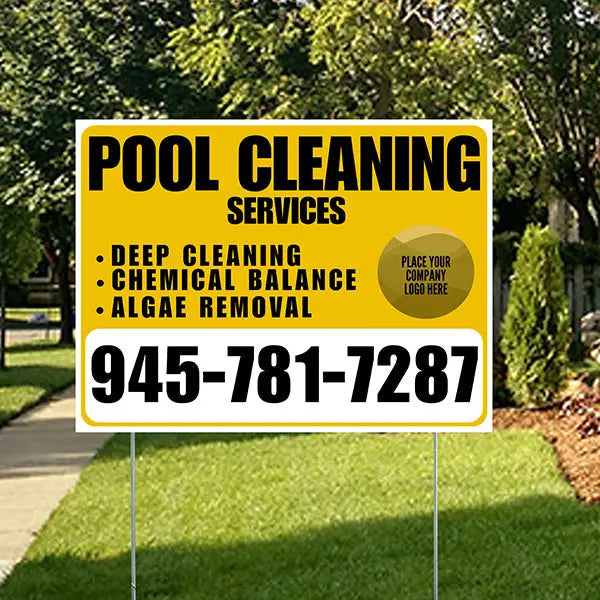 Pool Cleaners - Deep Cleaning Chemical balance Algae Removal with Logo - White Mustard Gold Design YardSigns.com