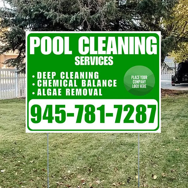 Pool Cleaners - Deep Cleaning Chemical balance Algae Removal with Logo - White Green Design YardSigns.com