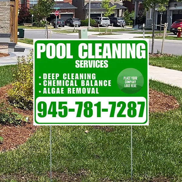 Pool Cleaners - Deep Cleaning Chemical balance Algae Removal with Logo - White Green Design YardSigns.com