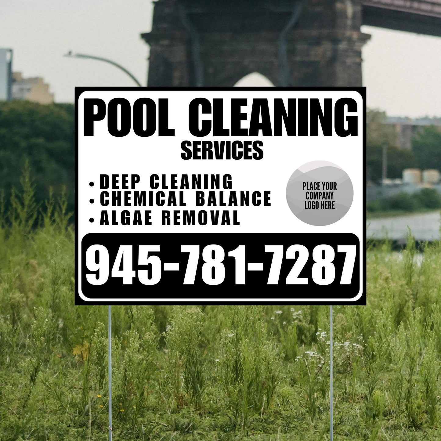 Pool Cleaners - Deep Cleaning Chemical balance Algae Removal with Logo - Black White Design YardSigns.com