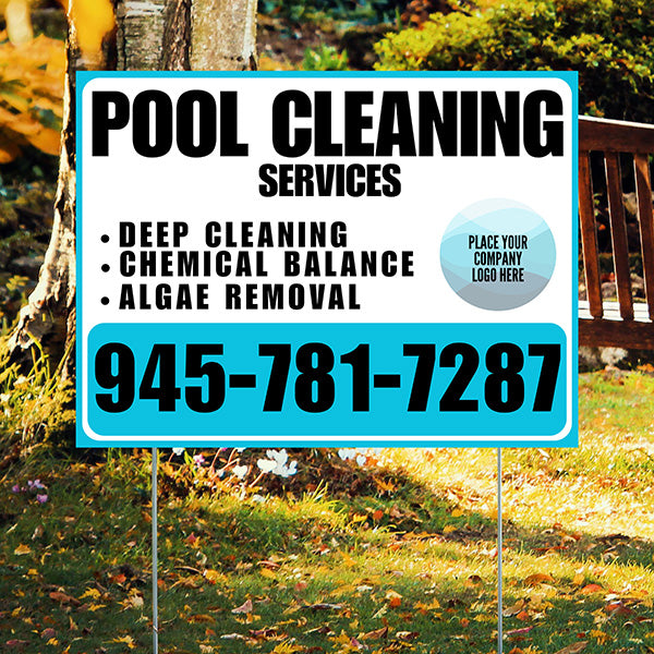 Pool Cleaners - Deep Cleaning Chemical balance Algae Removal with Logo - Aqua Blue White Design - YardSigns.com