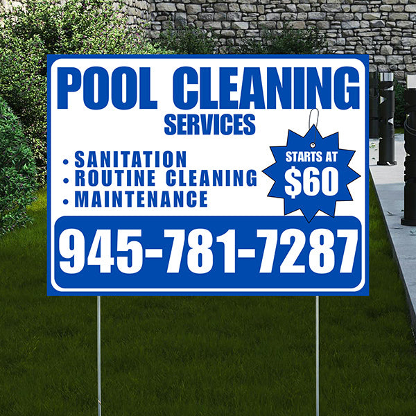 Pool Cleaners - Sanitation Routine Cleaning Maintenance with Price Tag - Blue White Design - YardSigns.com