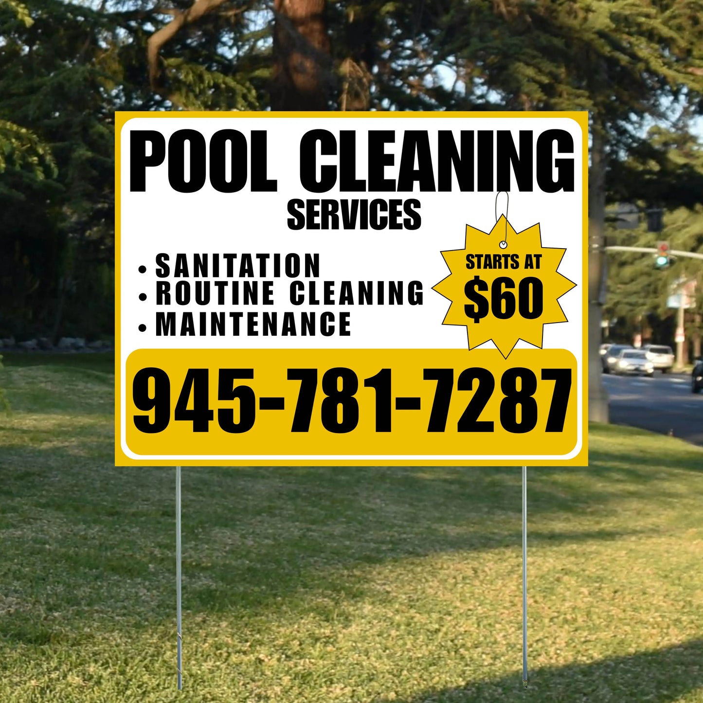 Pool Cleaners - Sanitation Routine Cleaning Maintenance with Price Tag - White Mustard Gold Design YardSigns.com