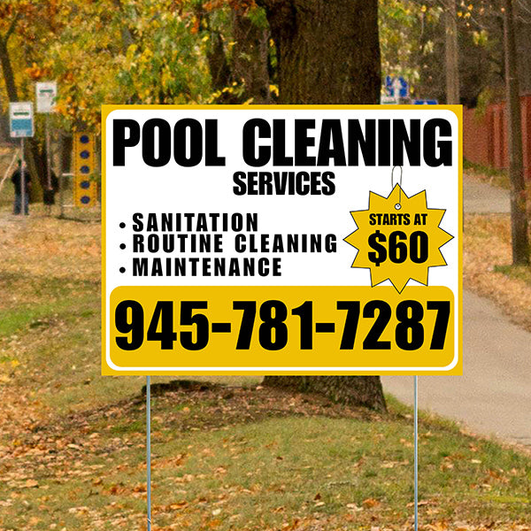Pool Cleaners - Sanitation Routine Cleaning Maintenance with Price Tag - Mustard Gold White Design - YardSigns.com