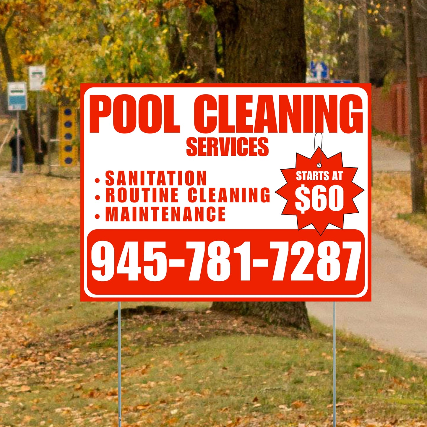 Pool Cleaners - Sanitation Routine Cleaning Maintenance with Price Tag - White Chili Red Design YardSigns.com