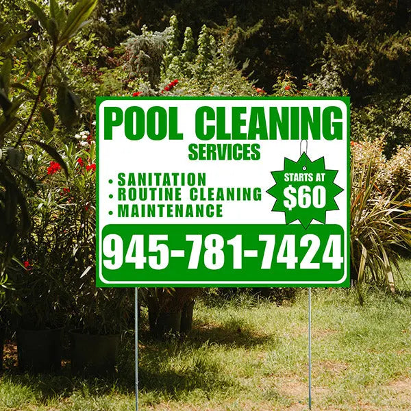 Pool Cleaners - Sanitation Routine Cleaning Maintenance with Price Tag - White Green Design YardSigns.com
