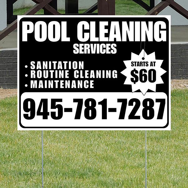 Pool Cleaners - Sanitation Routine Cleaning Maintenance with Price Tag - White Black Design - YardSigns.com