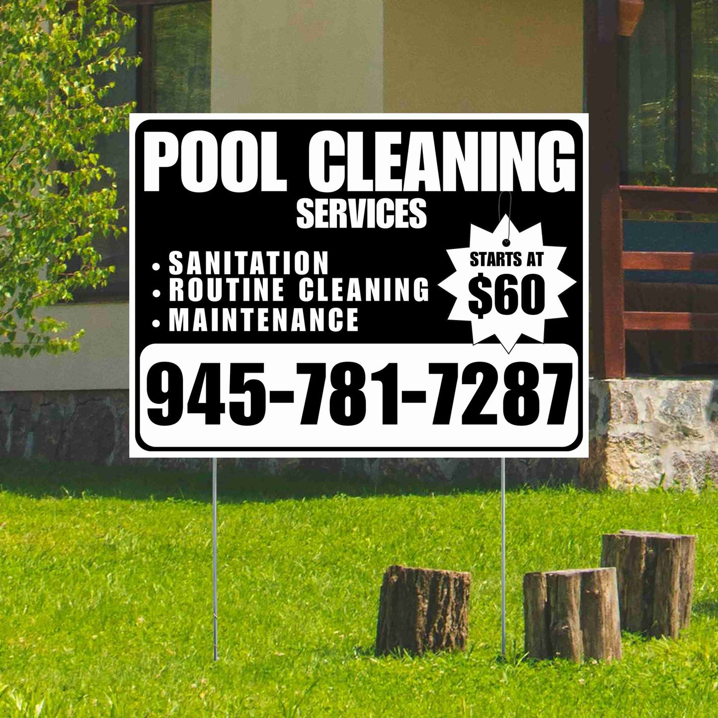 Pool Cleaners - Sanitation Routine Cleaning Maintenance with Price Tag - Black White Design YardSigns.com