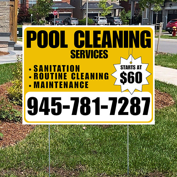 Pool Cleaners - Sanitation Routine Cleaning Maintenance with Price Tag - White Mustard Gold Design - YardSigns.com