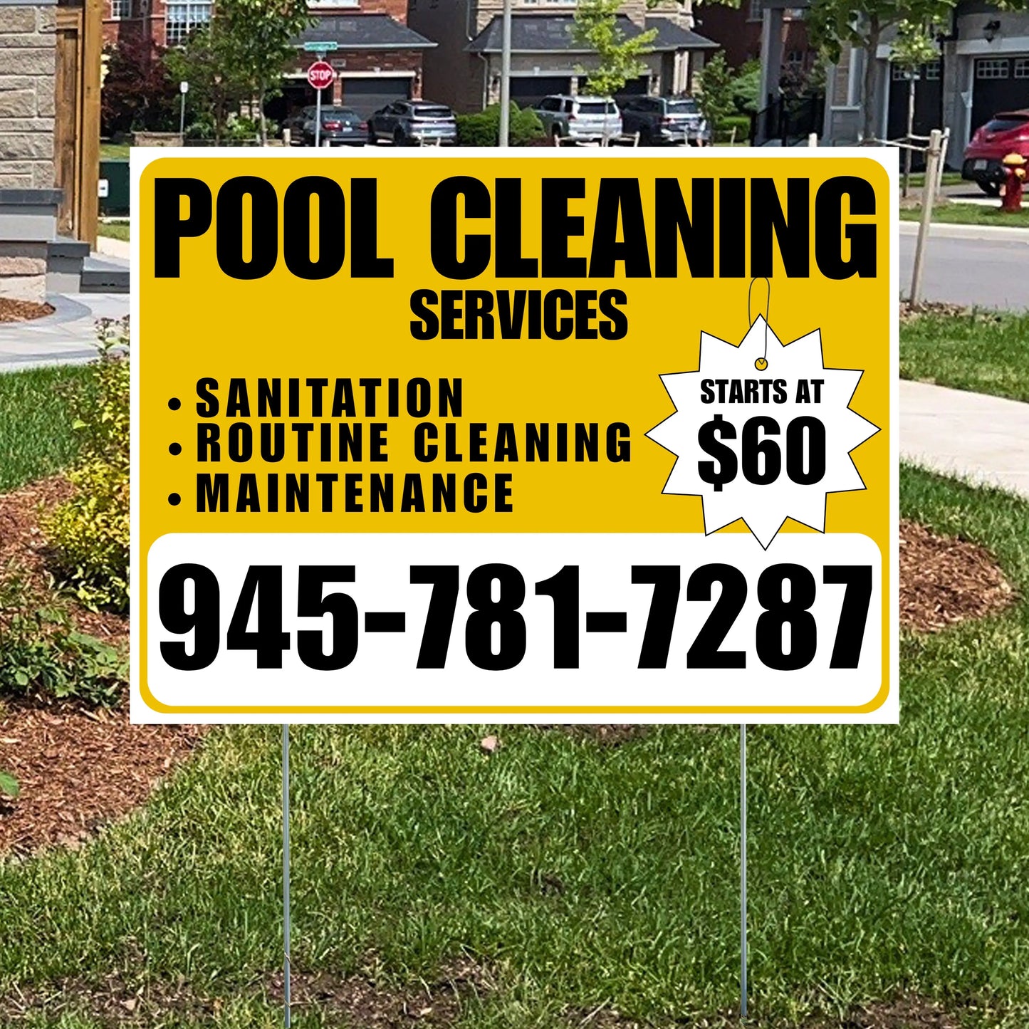 Pool Cleaners - Sanitation Routine Cleaning Maintenance with Price Tag - Mustard Gold White Design YardSigns.com