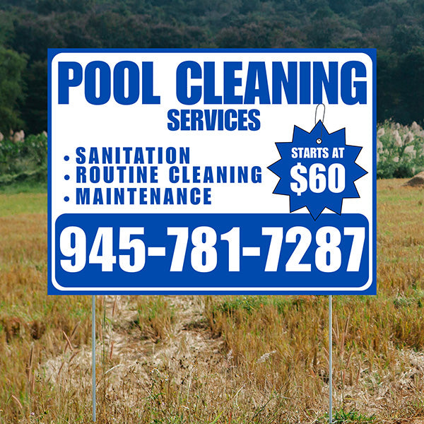 Pool Cleaners - Sanitation Routine Cleaning Maintenance with Price Tag - Blue White Design - YardSigns.com