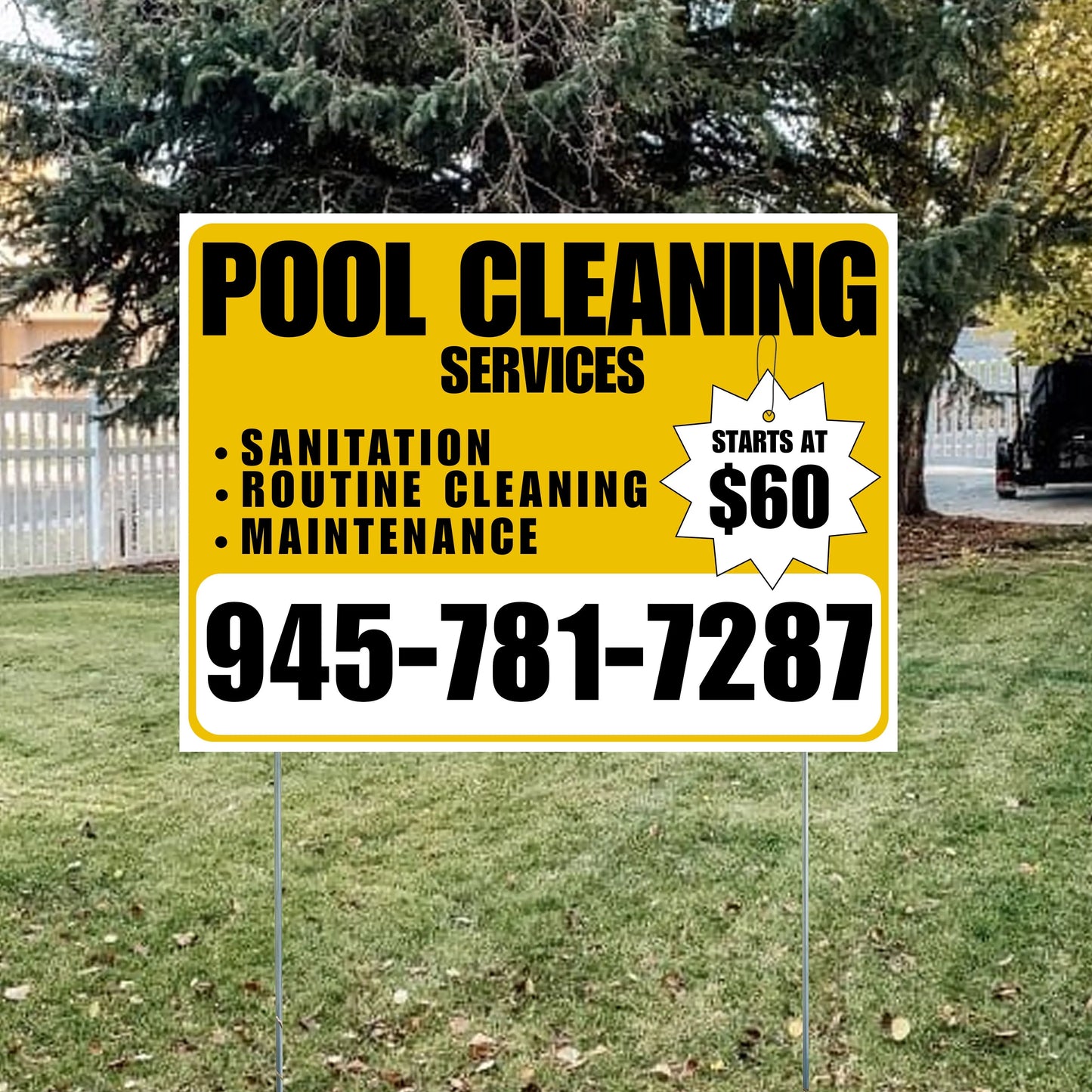 Pool Cleaners - Sanitation Routine Cleaning Maintenance with Price Tag - Mustard Gold White Design YardSigns.com