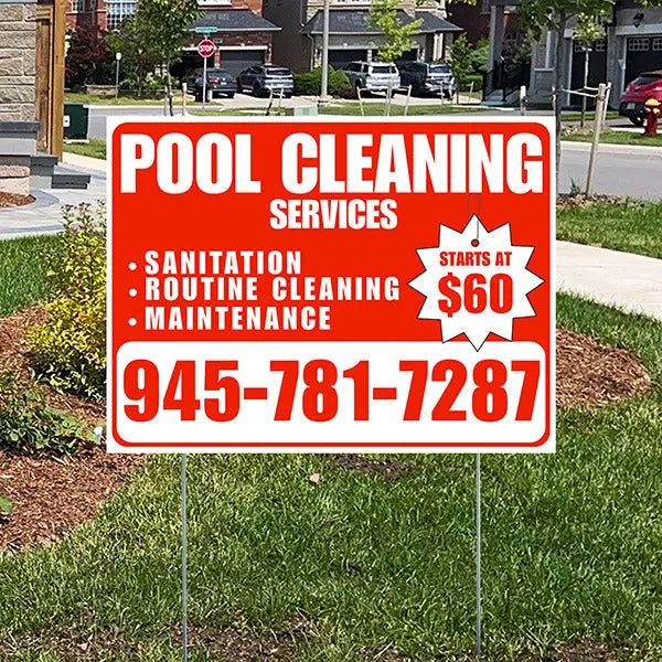 Pool Cleaners - Sanitation Routine Cleaning Maintenance with Price Tag - Chili Red White Design YardSigns.com
