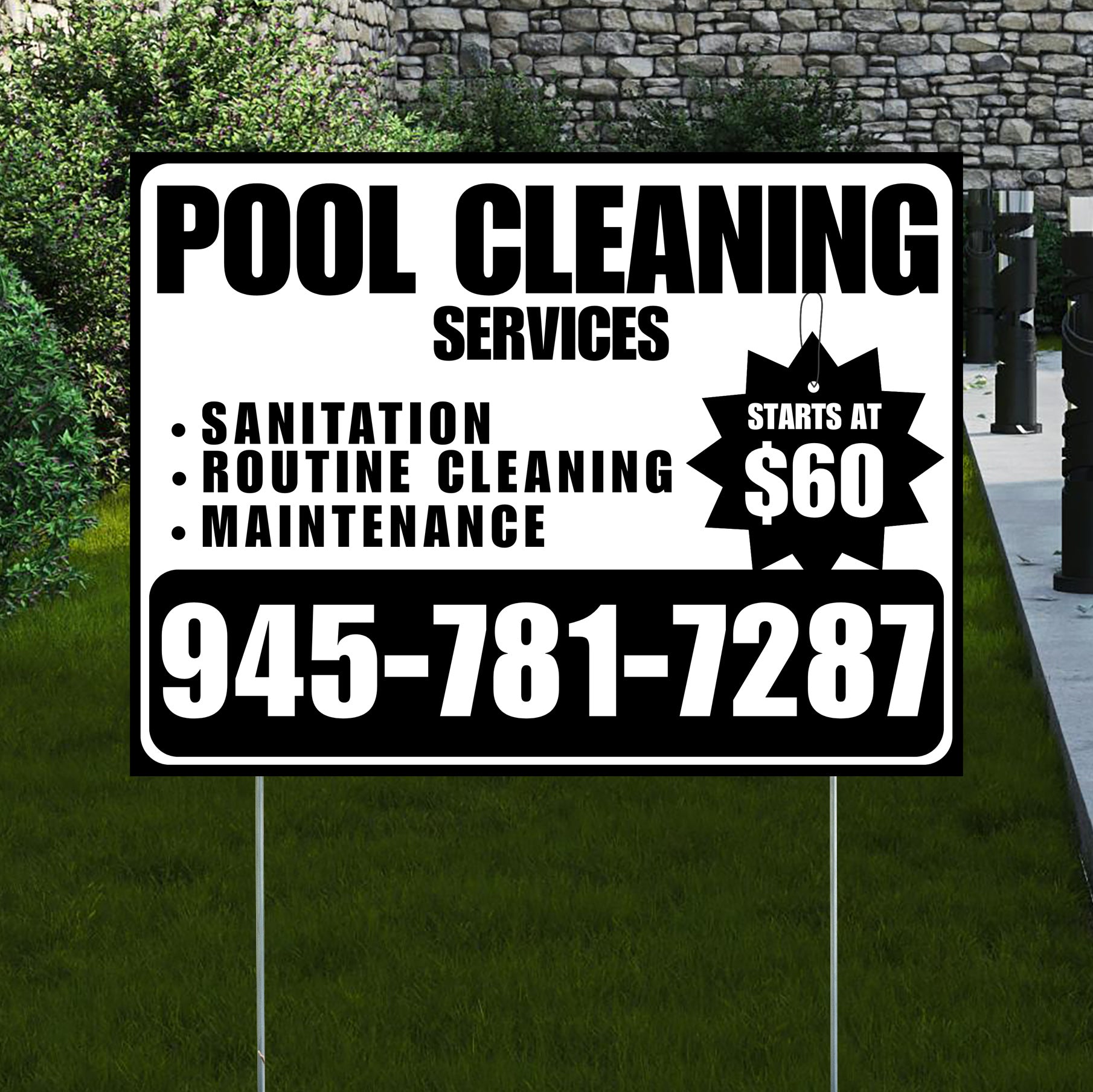 Pool Cleaners - Sanitation Routine Cleaning Maintenance with Price Tag - Black White Design - YardSigns.com