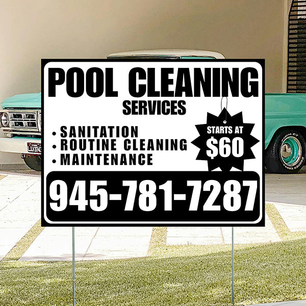 Pool Cleaners - Sanitation Routine Cleaning Maintenance with Price Tag - Black White Design - YardSigns.com